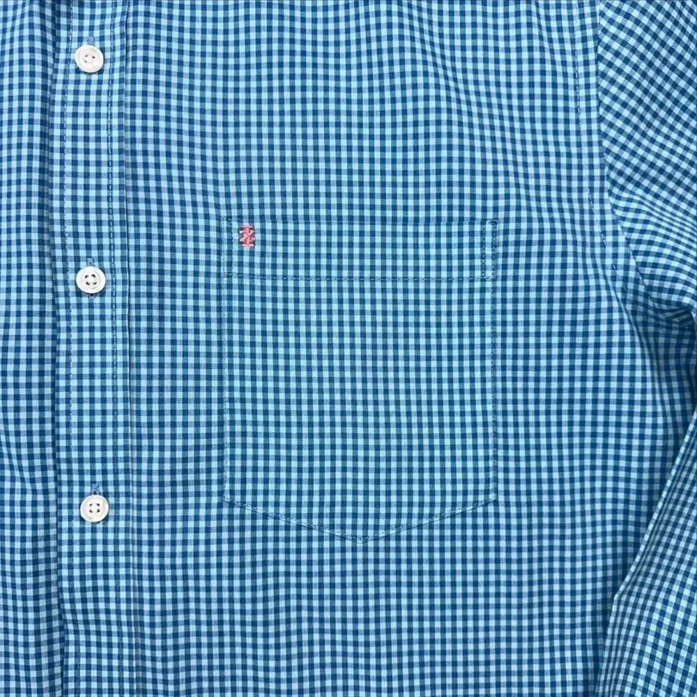 IZOD Button Down Shirt Mens M Blue Teal Gingham Non-Iron Stretch Long Sleeve